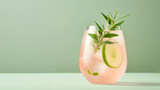 Elegant stemless glass of sparkling pink jin and tonic cocktail garnished with rosemary and lime on a pastel background.
