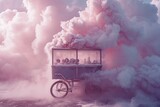 A conceptual image of an ice cream cart with a creative twist as the frozen treats levitate in mid-air, surrounded by a frosty mist. The surreal composition and pastel color palette.
