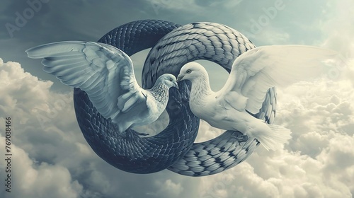 Conflicting symbols or ideologies represented by contrasting visuals, such as a dove and a snake, highlighting the incompatibility of certain ideas.
