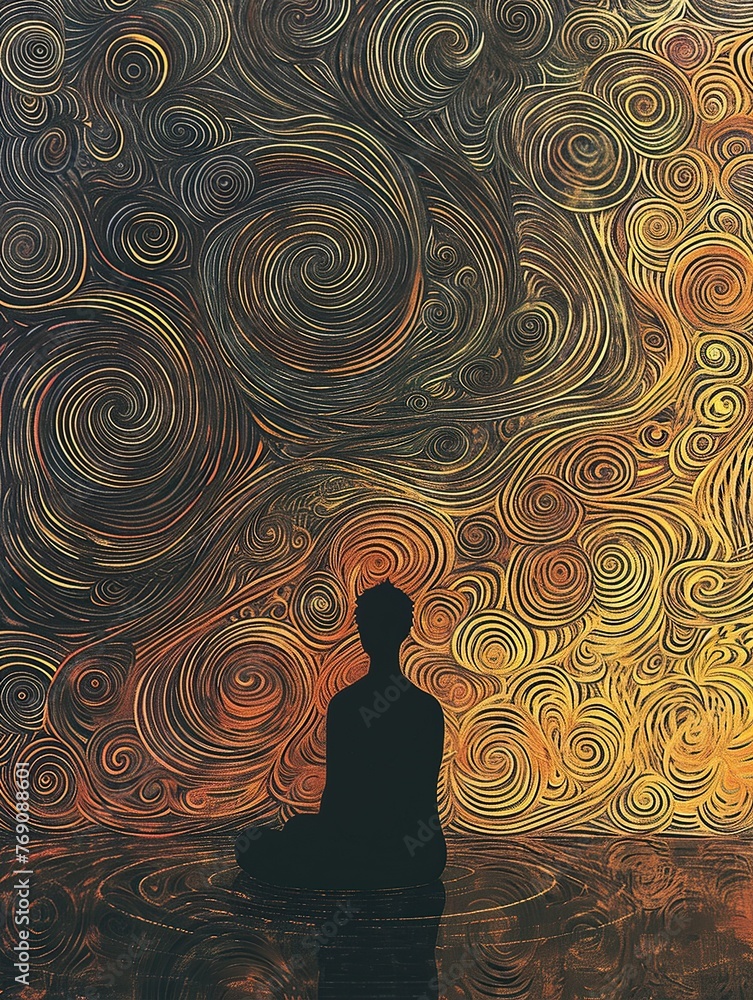 Person in solitude, surrounded by swirling abstract patterns representing the inner workings of conscience. The dreamlike atmosphere and introspective setting.