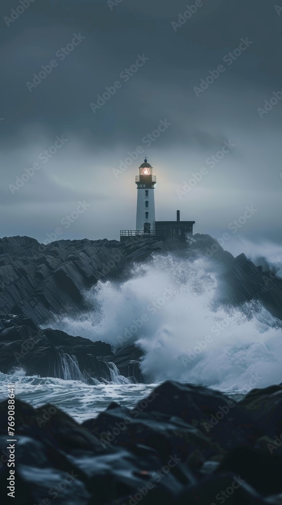 The sturdy lighthouse basks in the sunset's glow, presiding over the ocean's torrential waves that rage against the craggy cliffs..