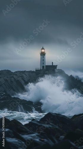 The sturdy lighthouse basks in the sunset's glow, presiding over the ocean's torrential waves that rage against the craggy cliffs..