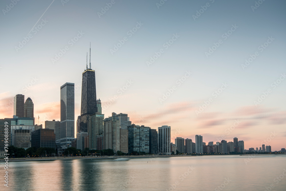 Skyline of downtown Chicago at dusk, Illinois, United States