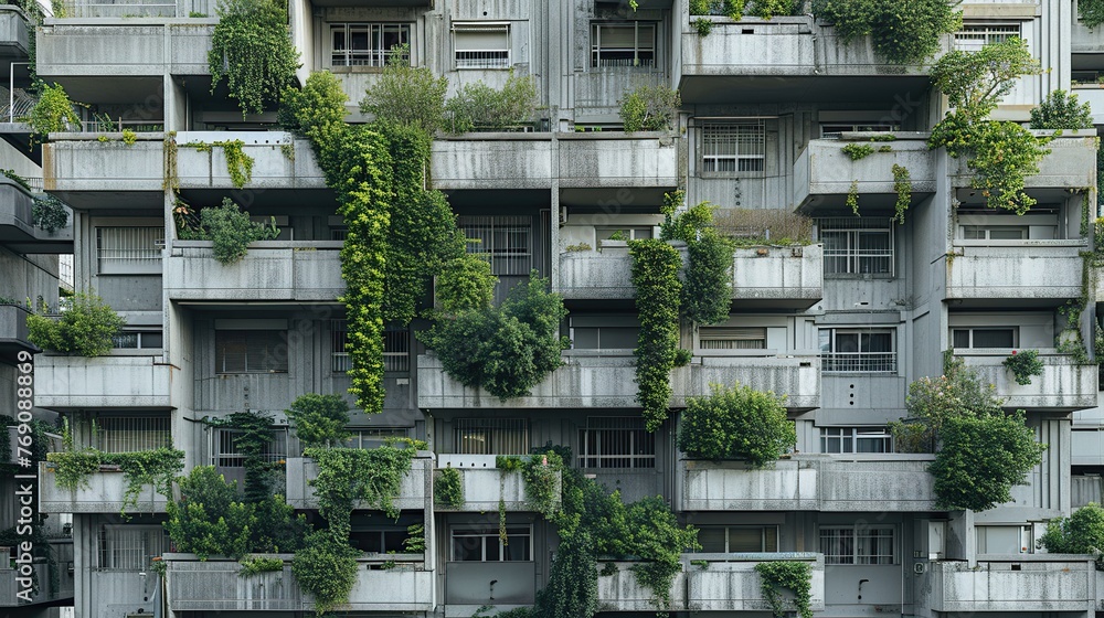 Urban architecture and natural foliage, featuring hanging plants suspended from city balconies. The juxtaposition symbolizes the harmony between urban and natural environments. Urban architecture and natural foliage, featuring hanging plants suspended from city balconies. The juxtaposition symbolizes the harmony between urban and natural environments.