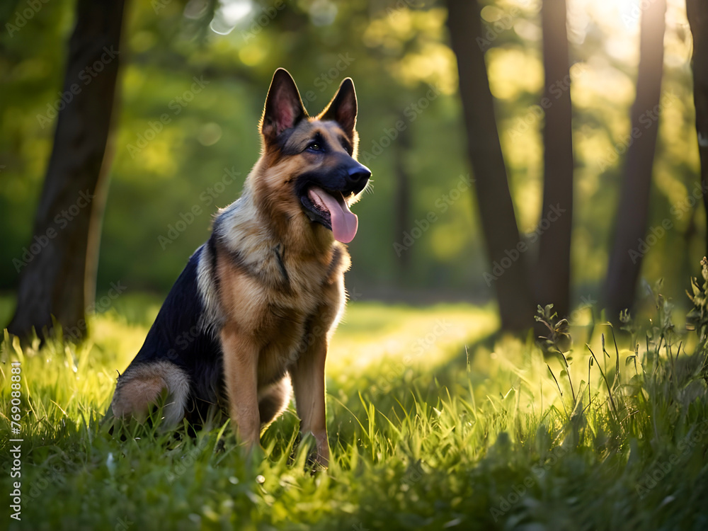 A jubilant German Shepherd bounding through a lush forest clearing, tongue lolling out in pure joy A jubilant German Shepherd bounding through a lush forest clearing, tongue lolling out in pure joy