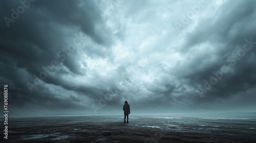 Person standing alone in a vast, desolate landscape with a stormy sky overhead, representing the emotional isolation and unease associated with feeling abashed.  photo