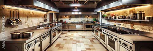 Professional Kitchen in a Modern Restaurant, Stainless Steel Equipment and Culinary Preparation Area