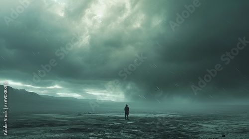 Person standing alone in a vast, desolate landscape with a stormy sky overhead, representing the emotional isolation and unease associated with feeling abashed. 