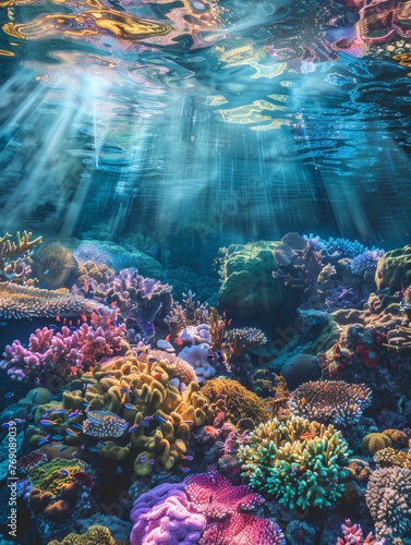 A spectacular undersea landscape boasts an array of colorful corals and fish, illuminated by the ethereal glow of sunlight from above..