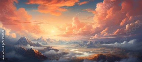 Scenic artwork featuring a beautiful sunset painting above a majestic mountain range under fluffy clouds