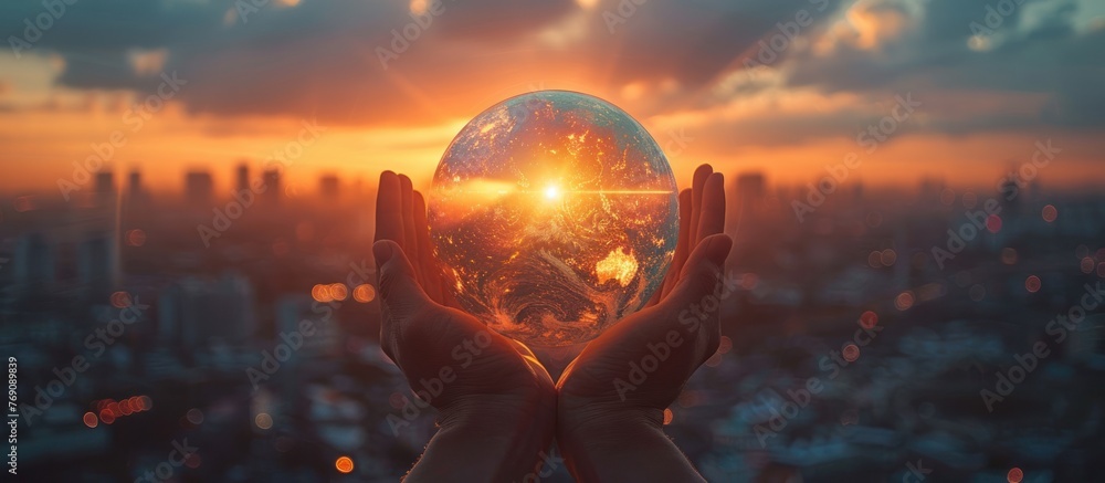 Hands touching earth and circle global network connection, data exchanges worldwide on city sunset background. - obrazy, fototapety, plakaty 