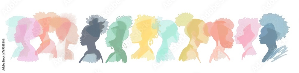 A illustration of group silhouettes, each with different skin tones and hair textures, representing diversity in human beings on a white background Generative AI