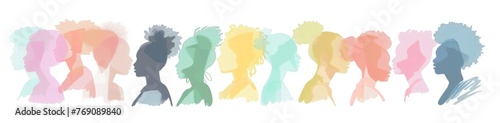 A illustration of group silhouettes  each with different skin tones and hair textures  representing diversity in human beings on a white background Generative AI