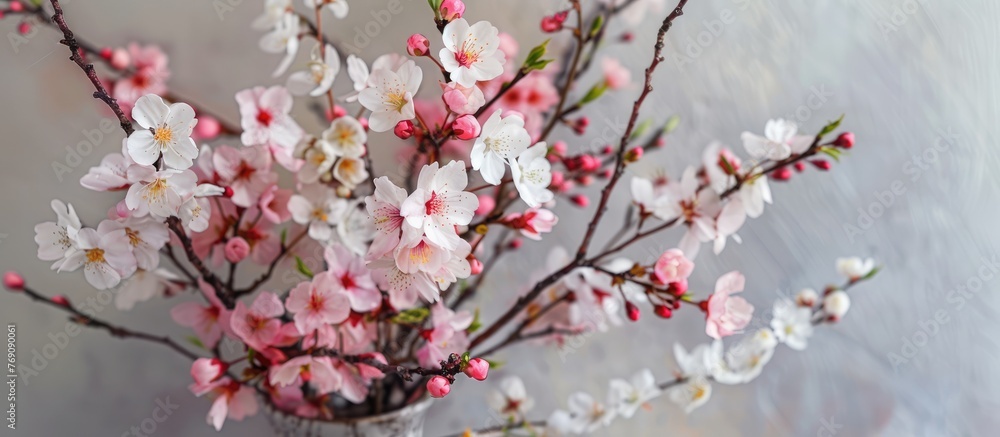 Spring floral arrangement with cherry blossoms in a vase. Spring floral arrangement with cherry blossoms in a vase.