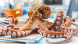 A detailed view of an octopus perched on office desk, showcasing its tentacles and intricate skin texture