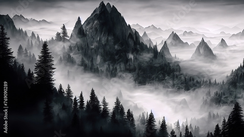Wallpaper with forest and mountains, abstract texture, high contrast, minimalist graphics. Wallpaper in 4K resolution