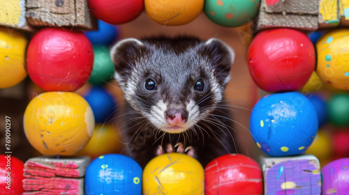 A ferret enclosed in a cage among a variety of colorful balls photo