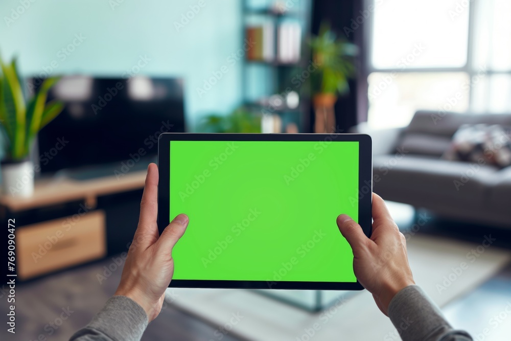 Person holding tablet with green screen, a modern communication device. Generative AI Person holding tablet with green screen, a modern communication device. Generative AI