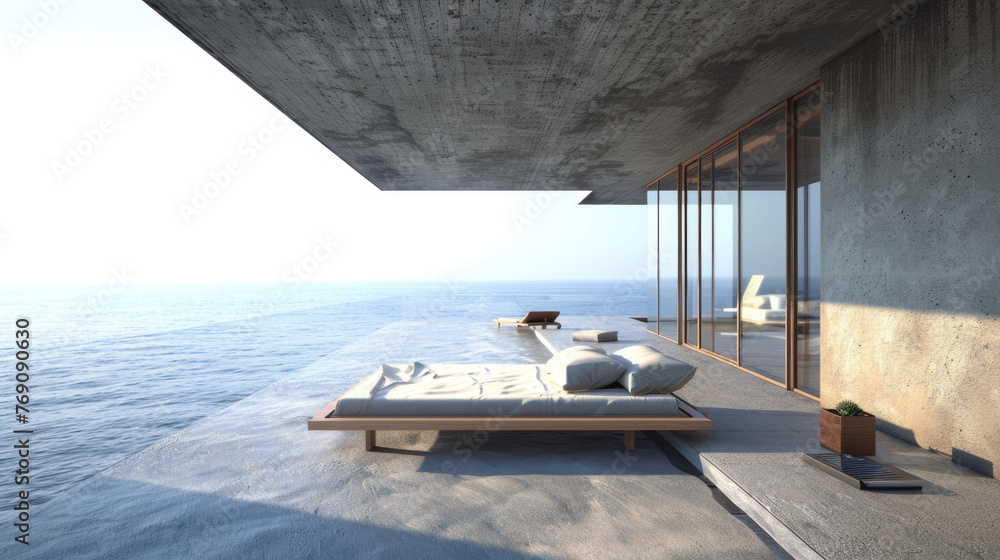 Obraz premium A bed is placed on a wooden floor by the ocean, showcasing a unique location for relaxation and rest