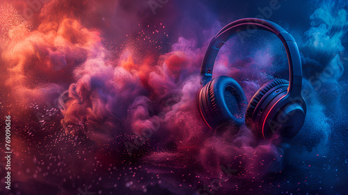 World music day banner with headset headphones on abstract colorful dust background. Music day event and musical instruments, Generative Ai