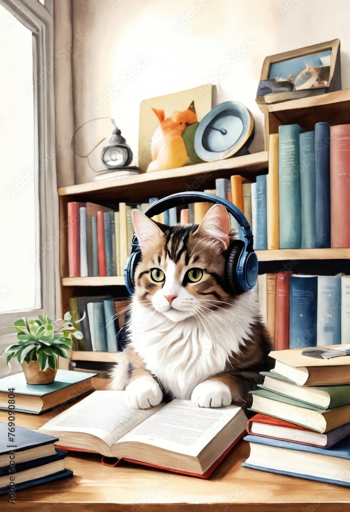 Cute cat wearing headphones and reading a book. Good for articles or blog posts about cats, animals, pets, reading, education, or music. Cute cat wearing headphones and reading a book. Good for articles or blog posts about cats, animals, pets, reading, education, or music.