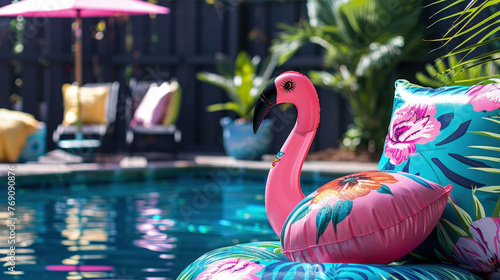 A pink flamingo perched atop a pillow next to a pool on a sunny day photo