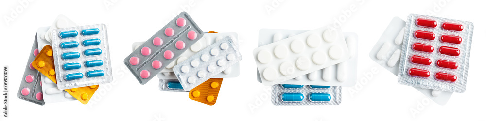 Collage of various medicine capsules, pills and tablets in a blister pack isolated on transparent background, healthcare and medicine concept, top view Collage of various medicine capsules, pills and tablets in a blister pack isolated on transparent background, healthcare and medicine concept, top view