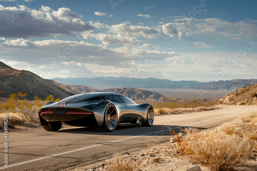 Autonomous Electric Supercar Concept on Desert Road, Advanced Transportation © Serge's AI Art
