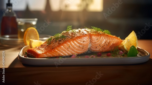 a visually stunning image of perfectly baked salmon using AI, focusing on hyper-quality, bright tones, and a product view within a kitchen background