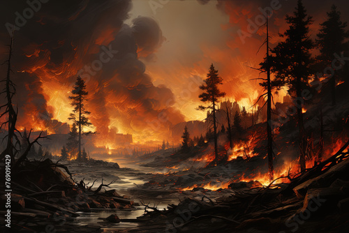 A painting depicting a raging fire engulfing a forest  with flames licking at the trees and smoke billowing into the sky
