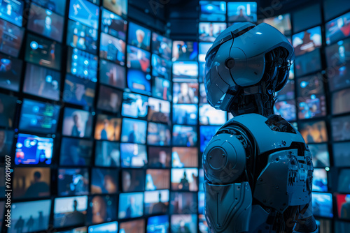 A robot stands in front of multiple CCTV camera displays, a futuristic atmosphere filled with technology.