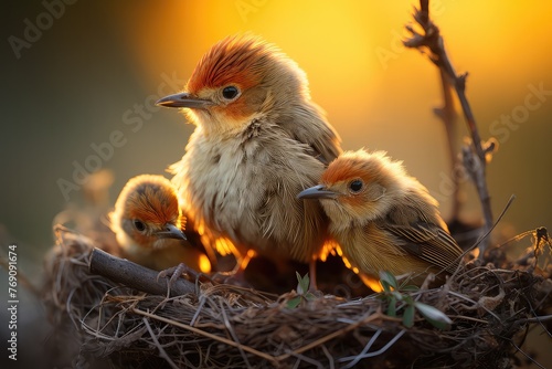 Tiny Cisticola Exilis bird feeds chicks in a nest. The baby birds, eagerly waiting in the cage, chirp for mom's care. It's a heartwarming sight as the mother Cisticola tenderly