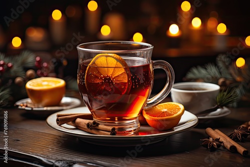 Side view of mulled wine against a backdrop of glowing lights, adorned with fir branches and festive toys. The warm hues create a cozy atmosphere