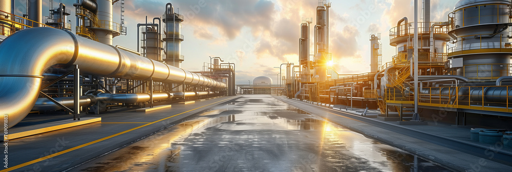 3D rendering of a modern oil and gas production plant with large pipes.