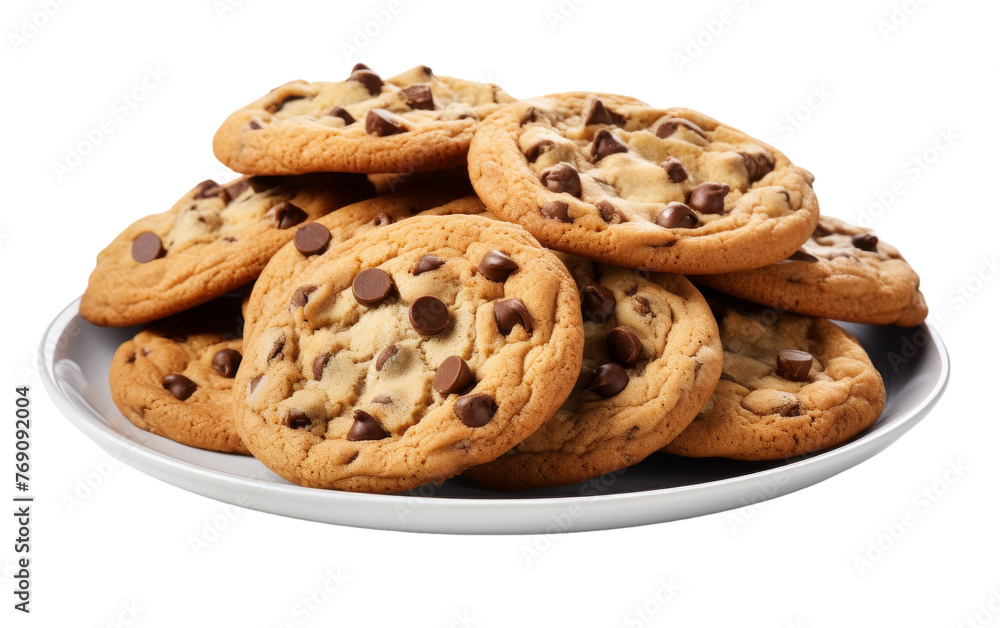 A plate of delectable chocolate chip cookies on a pristine white background