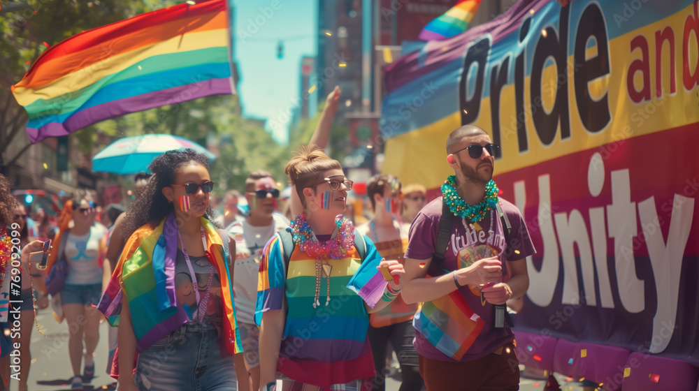 Obraz premium Diverse Group Marching With Rainbow Flags