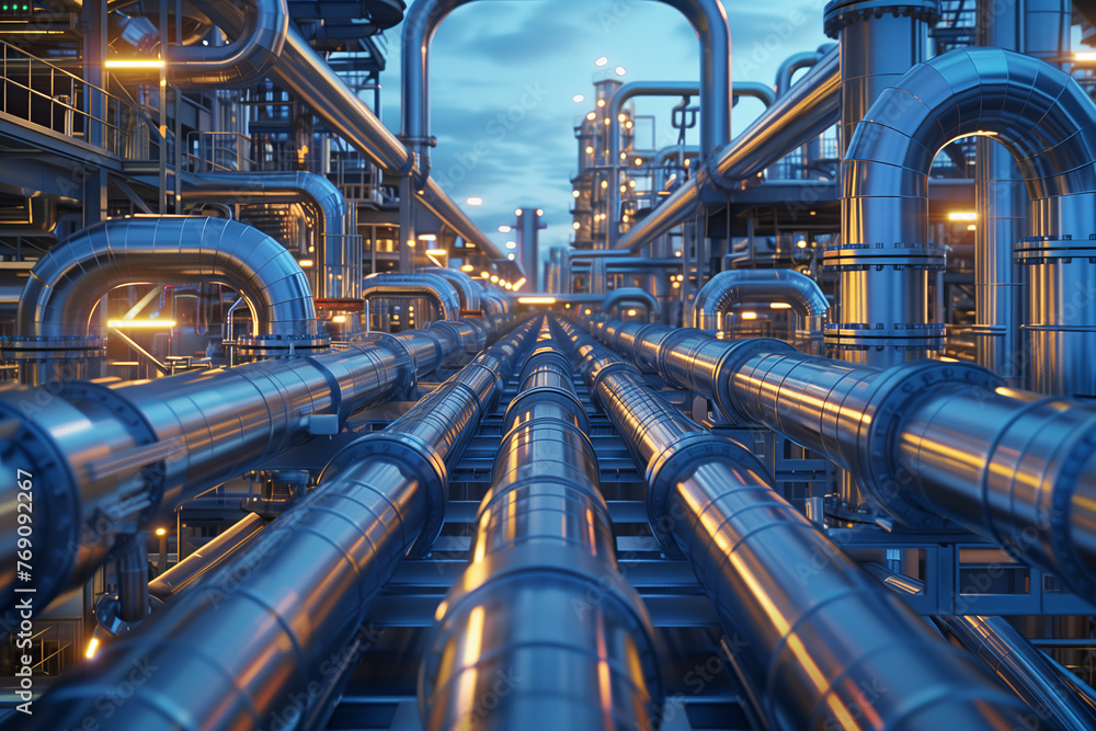 3D rendering of a modern oil and gas production plant with large pipes. 3D rendering of a modern oil and gas production plant with large pipes.
