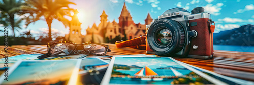 Retro Travelers Dream: Vintage Camera and Accessories Spread on Wooden Table, Analog Photography Nostalgia