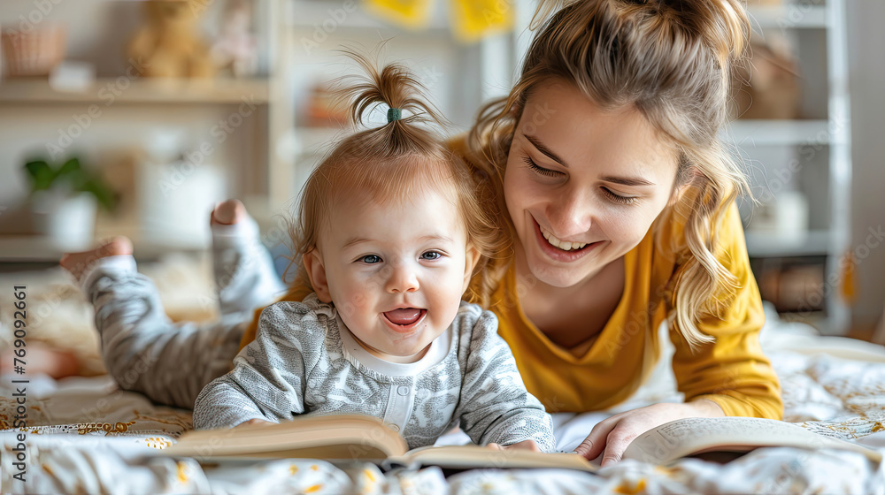 Young mother and toddler smiling and reading together on a bed. Young mother and toddler smiling and reading together on a bed.