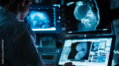 Medical Professional Examining Fetal Ultrasound on Computer Screen photo