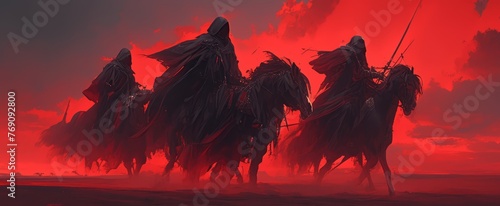 4 cloaked figures riding horses in the desert, red black grey white color palette