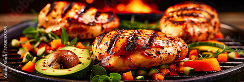 Roasted Chicken Fillet with Fresh Salad, Gourmet Meal, Healthy Cuisine, Wooden Background