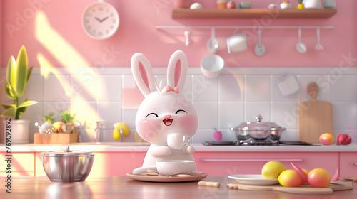 Cute bunny in the kitchen, 3d render cartoon style illustration. Cooking food concept, content for kids