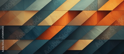 A close up of a vibrant geometric pattern on a wall with colorful triangles and rectangles in shades of electric blue, yellow, and wood grain lines