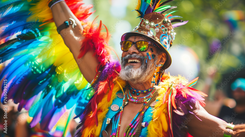 Energetic Man in Colorful Headdress and Feathers