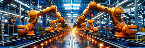 Robotic Precision: Industrial Arm in Action on Factory Floor, Machinery and Automation at Work