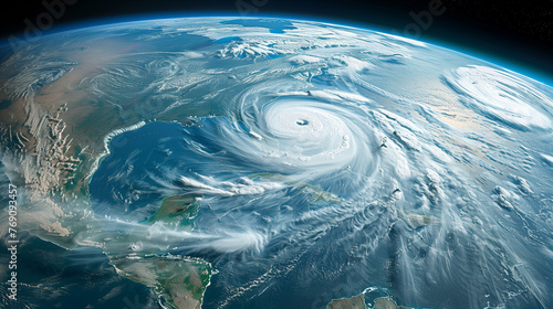 A satellite's perspective captures a massive hurricane swirling towards the continent below