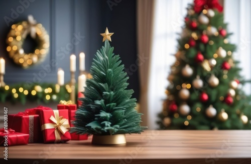 Christmas trees on a wooden table against a festive background.Christmas Greeting Card