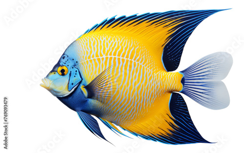 Vibrant blue and yellow fish swimming elegantly on a white canvas