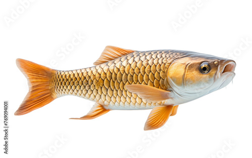 A graceful goldfish gracefully swims against a stark white background